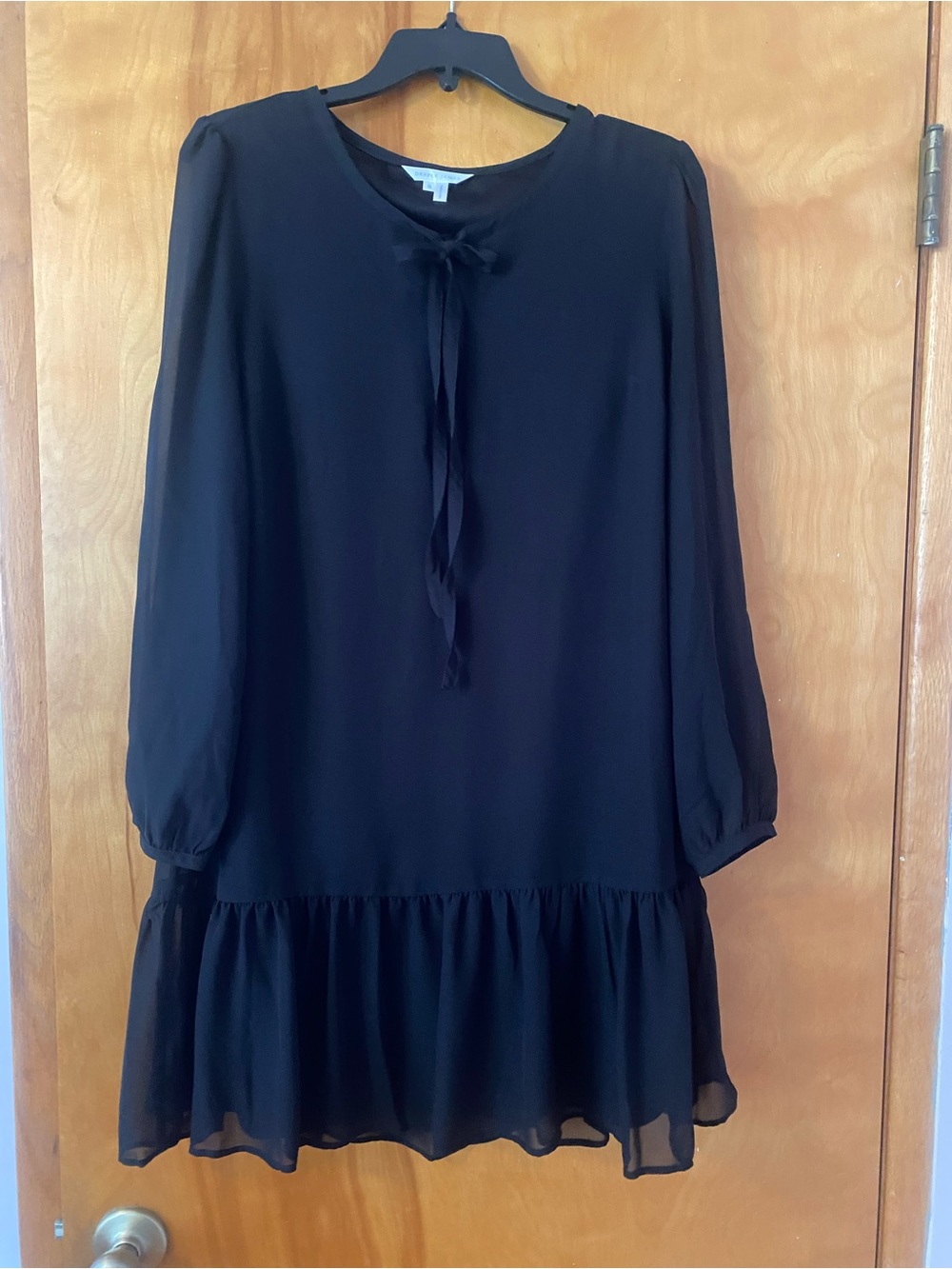 Draper James Black Long-Sleeve Ruffle-Hem Dress with Tie Neck